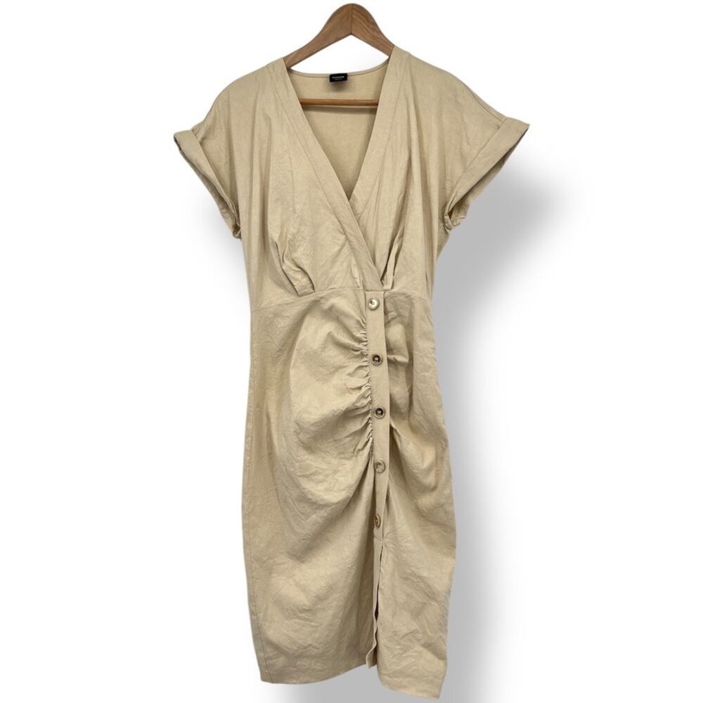 Pinko Linen Blend Tan Faux Wrap Button Down Body Con Knee Length Dress Women's 8